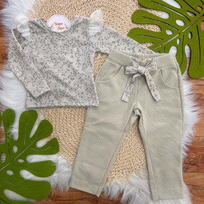Conj. Blusa Manga Longa Floral e Calça Anarruga - Verde